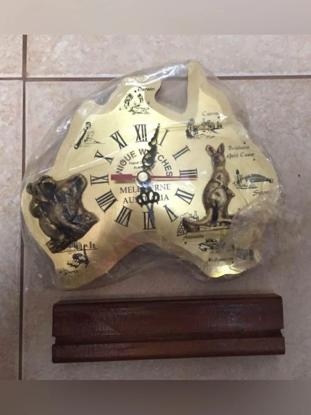 Melbourne Australia Gold Map Wall Clock with Wood Stand